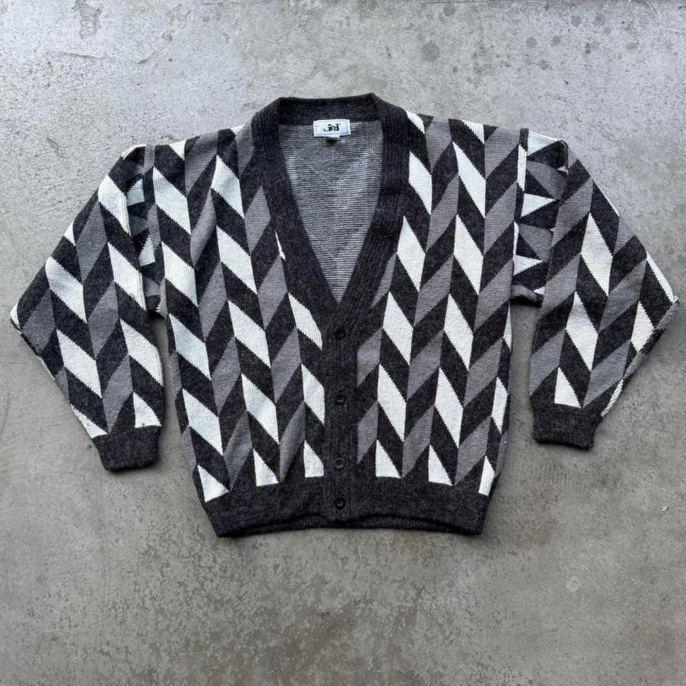 VTG 80s Jed Geometric Knit Acrylic Cardigan Kurt Cobain Sweater Medium